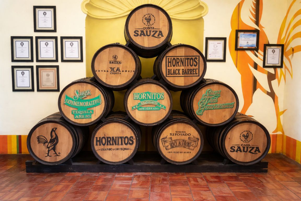 Casa Sauza distillery interior with branded tequila barrels arranged in pyramid display, seen during a guided tour with Guadalajara Tequila Tours