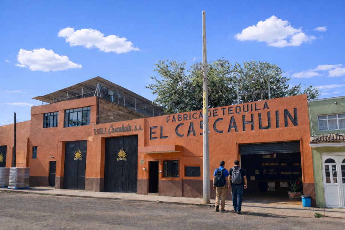 El Cascahuín tequila distillery exterior in Tequila Jalisco with visitors entering the factory, visited during a guided tour with Guadalajara Tequila Tours