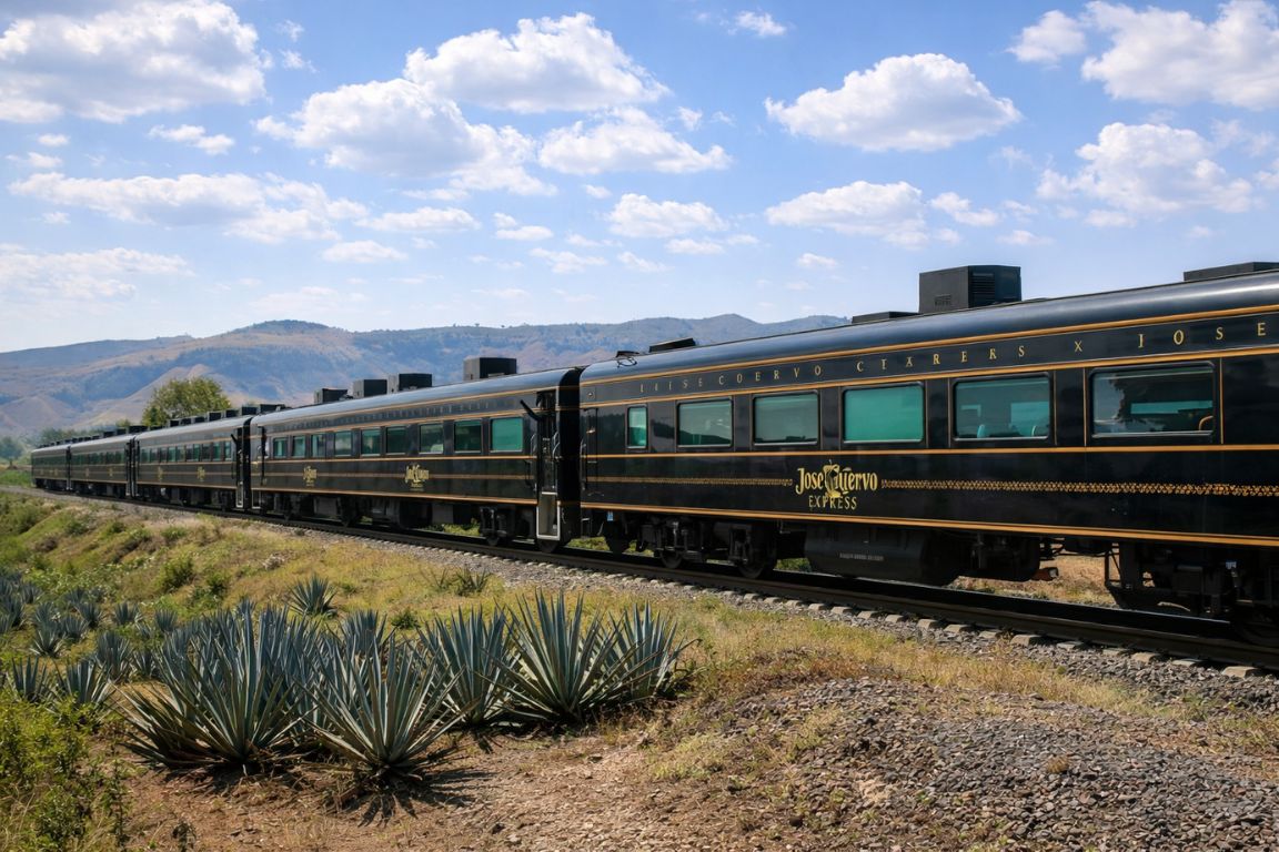 Jose Cuervo Express train traveling through agave fields in Jalisco Mexico, captured during a guided tour with Guadalajara Tequila Tours